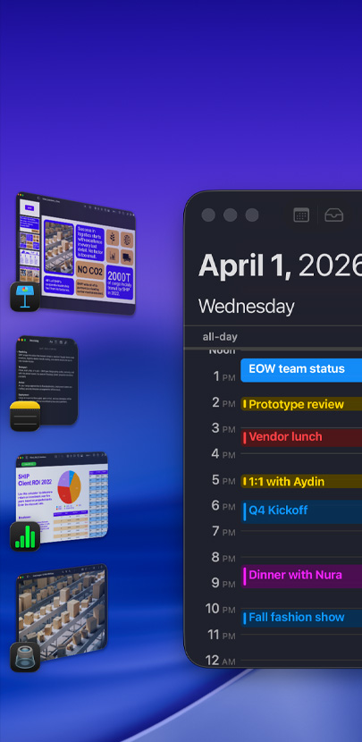 Forskellige iOS-apps vist på et skrivebord, herunder Kalender-appen, som er den mest fremtrædende. Den viser en oversigt over dagens aftaler.