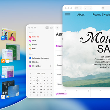 macOS Tahoe 螢幕顯示多個視窗和 Keynote、Pages、郵件等 app，視窗內容是某個心靈秘境的主題網站。直覺的設計，非常易於使用。