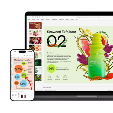 Mac 和 iPhone 正面圖，分別顯示同一份簡報的不同段落，這份繽紛生動的簡報，內容主題為護膚產品