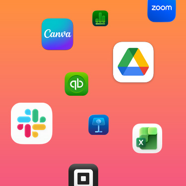 多款生產力 app 的圖像分布在鮮艷的背景上，包括 Slack、Canva、Google Workspace、Zoom、QuickBooks、Keynote、Excel、Square 和 Numbers
