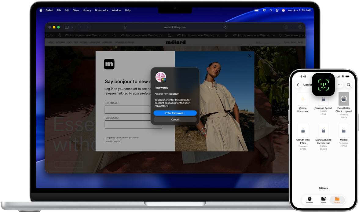 MacBook 展示 Touch ID 視窗，以及 macOS Tahoe 背景圖片。MacBook 的前方是 iPhone，展示 Face ID 畫面。