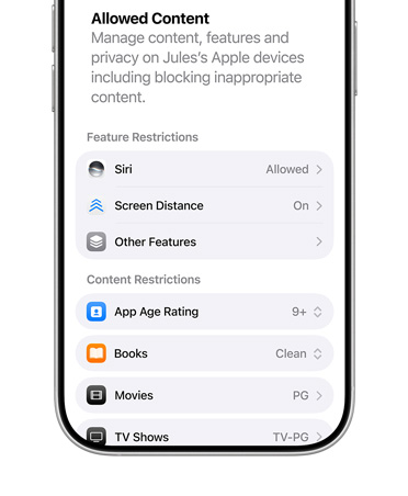 iPhone affichant le contenu et les options de restrictions de confidentialité d’un compte pour enfant.