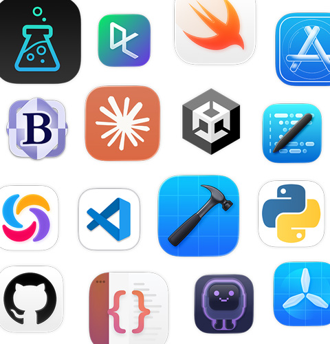 Eine Reihe von Symbolen für Programmierapps, darunter Unity Editor, DataCamp, Swift Playground und Apple Developer.