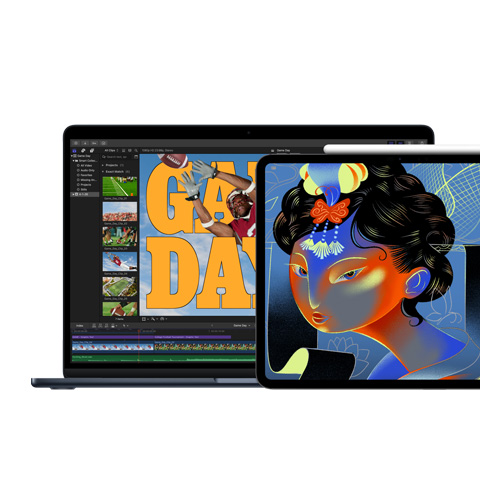 Ein Mac Bildschirm zeigt Final Cut Pro, ein iPad Bildschirm zeigt Procreate Dreams