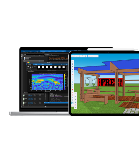 Ein Mac Bildschirm zeigt MATLAB, iPad Bildschirm zeigt Shapr3D