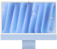 iMac, Vorderansicht, blau, Kamera oben in der Mitte, zeigt Abstrakten blauen Hintergrund.
