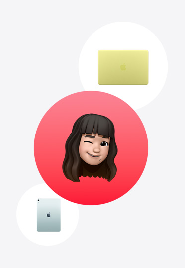 Ein MacBook und ein iPad um ein Memoji in einem roten Kreis herum.