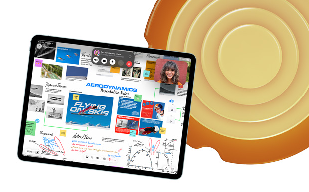 iPad mostrato di fronte, sul display vari argomenti e disegni nell’app Freeform, tra cui le parole “Aerodinamica” e “Volare sugli sci”