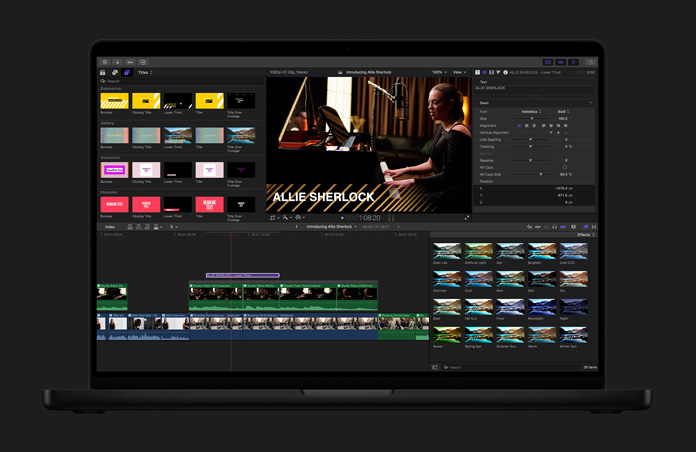 16 吋 MacBook Pro，展示音樂影片剪輯，顯示一系列可用的字幕與效果，標題為 Allie Sherlock