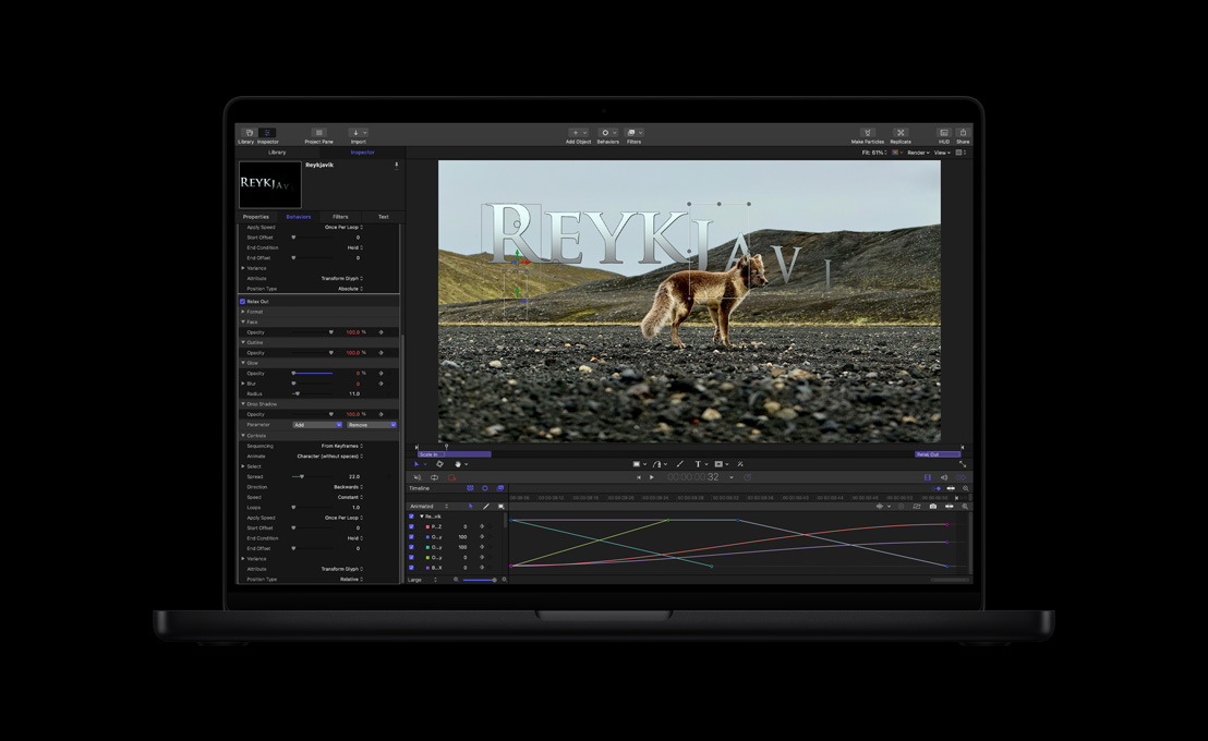 16 吋 MacBook Pro，螢幕顯示荒蕪風景中的狼，藉此示範文字動畫