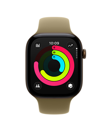ダークブロンズアルミニウムケースのApple Watch Series 12。アクティビティリングの画面にムーブ、エクササイズ、スタンドの測定値が表示されている。オリーブ（アースカラーのグリーン）のスポーツバンド