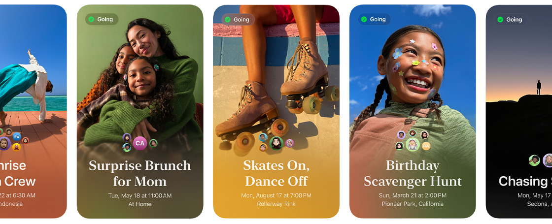Rangée d’invitations Apple présentant des photos colorées personnalisées pour des événements intitulés Brunch surprise pour maman; Enfilons nos patins de danse!; et Fête et chasse au trésor