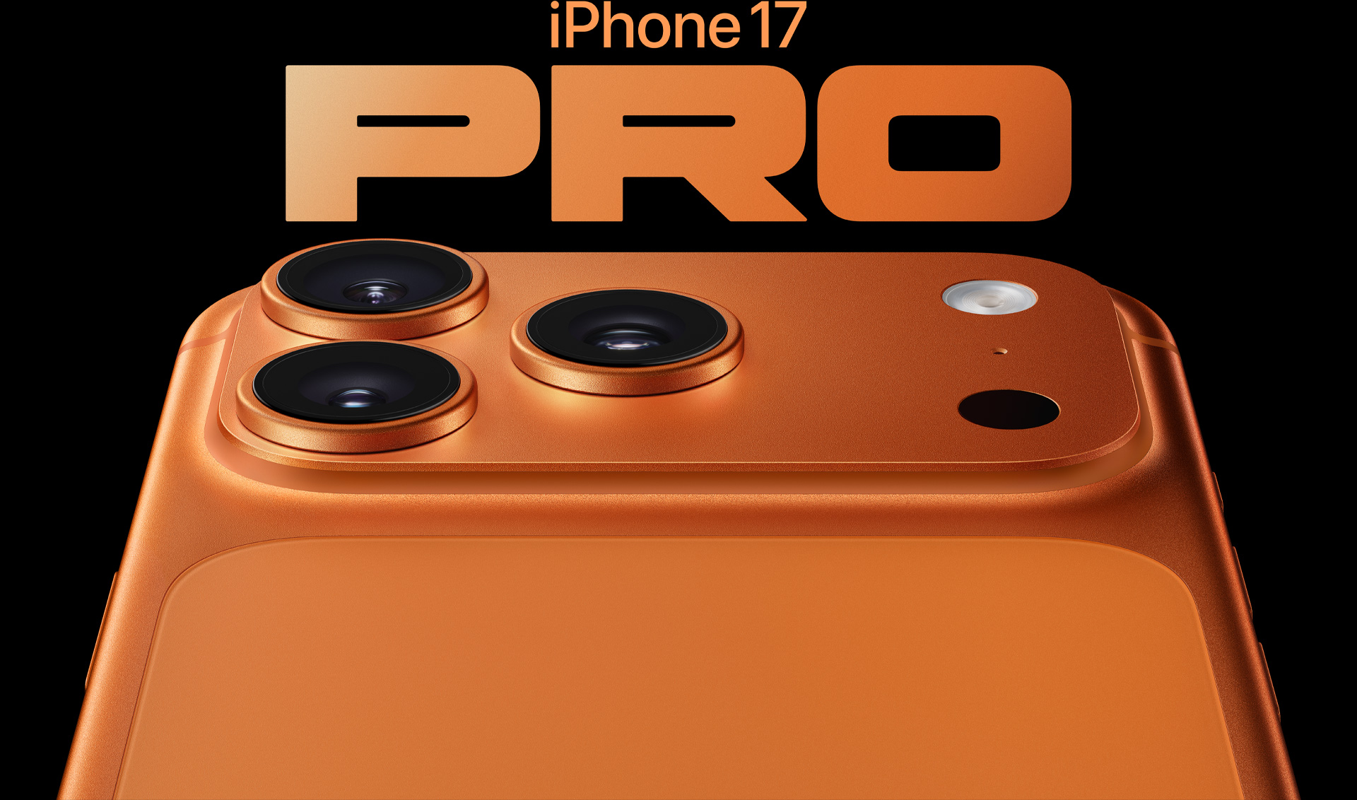 iPhone 17 Pro, culoare Portocaliu cosmic, exterior spate parțial, sistem de camere în colțul din stânga sus, 3 obiective, microfon, bliț