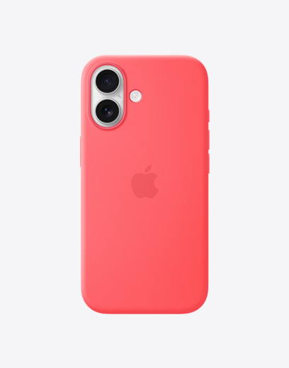 iPhone 17, back exterior with silicone case in yellow, Dual Fusion Camera System in top left corner, Apple logo centered