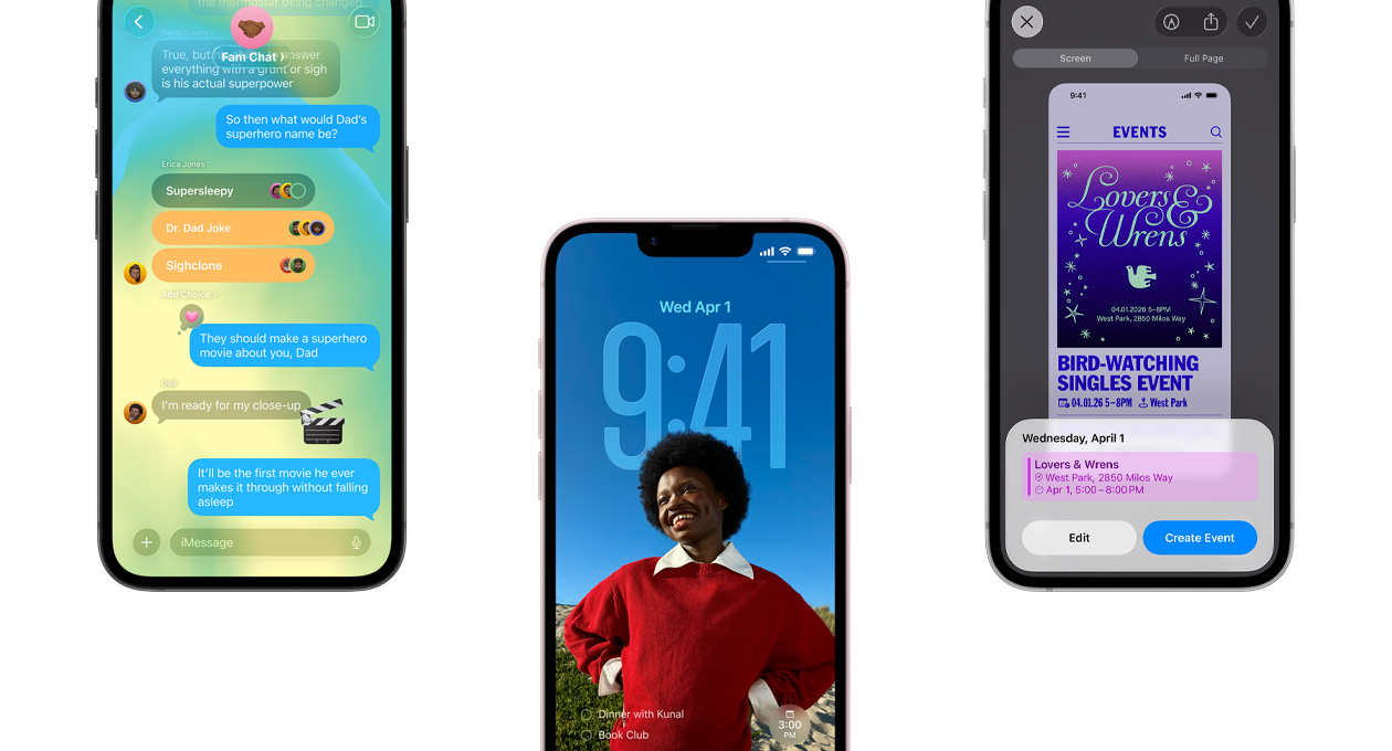 Vista frontal de três dispositivos iPhone 17e, a mostrar a app Mensagens com design Liquid Glass, Ecrã bloqueado dinâmico e funcionalidade de captura de ecrã com evento do Calendário ativo