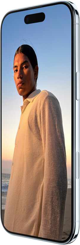 iPhone Air, sedd framifrån, sedd från sidan, heltäckande skärm, Dynamic Island överst, sidoknapp, kamerareglage