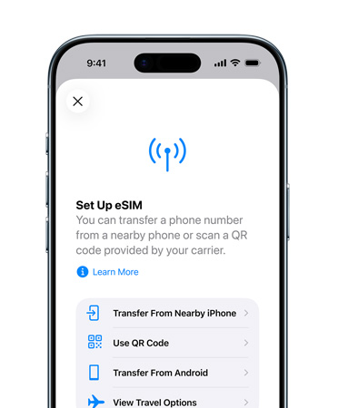iPhone Air, sedd framifrån, funktionen Lägg till mobiltjänst används för att enkelt överföra ett telefonnummer med eSIM