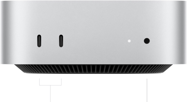 Vue de face d’un Mac mini, deux ports Thunderbolt, voyant d’activité et prise pour écouteurs, base noire affinée, surface supérieure plate, côtés arrondis, arêtes droites, fini argent