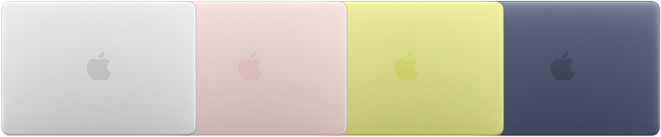 Vue du dessus de quatre MacBook Neo, montrant les quatre finis