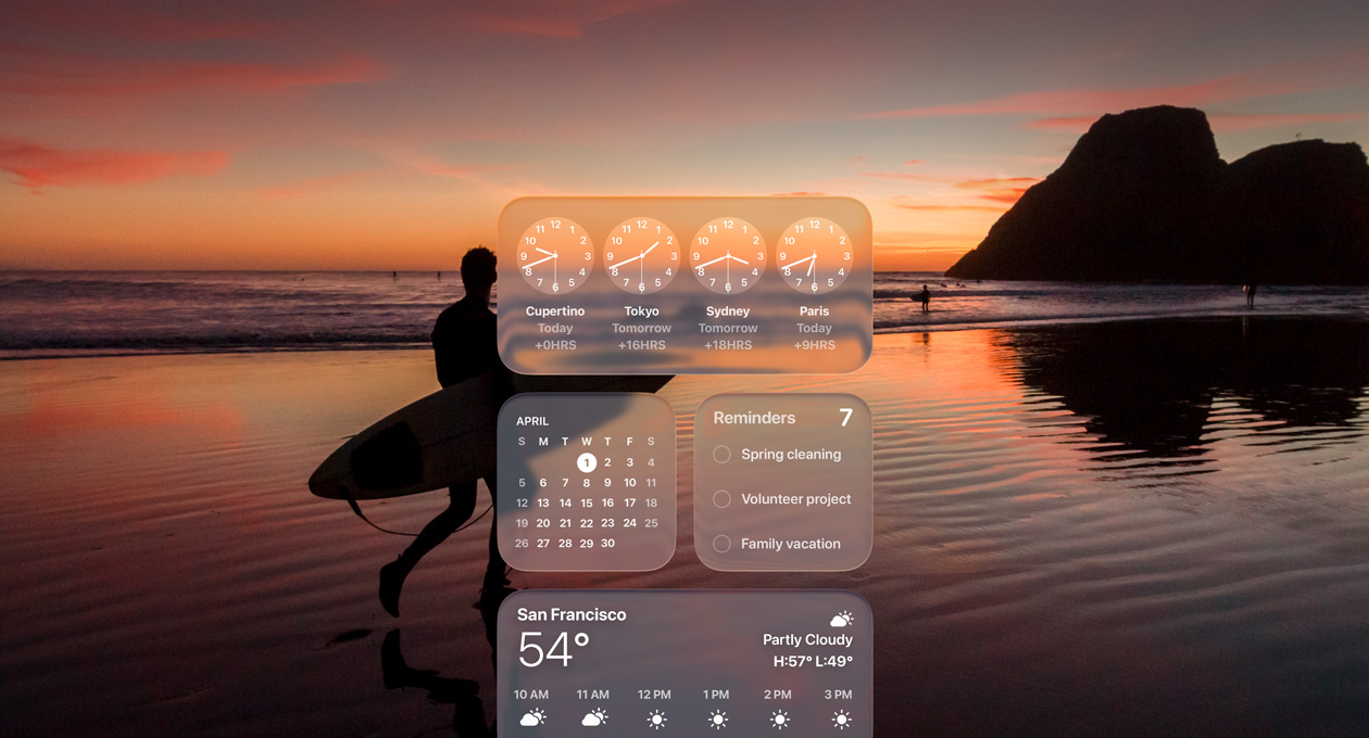 macOS Tahoe 畫面展示 Liquid Glass 設計的時鐘、日曆、提醒事項和天氣小工具，背景圖像是一位滑浪好手在日落時分於沙灘漫步
