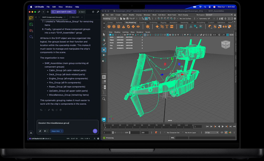 MacBook Pro 螢幕展示 LM Studio 和 Autodesk Maya