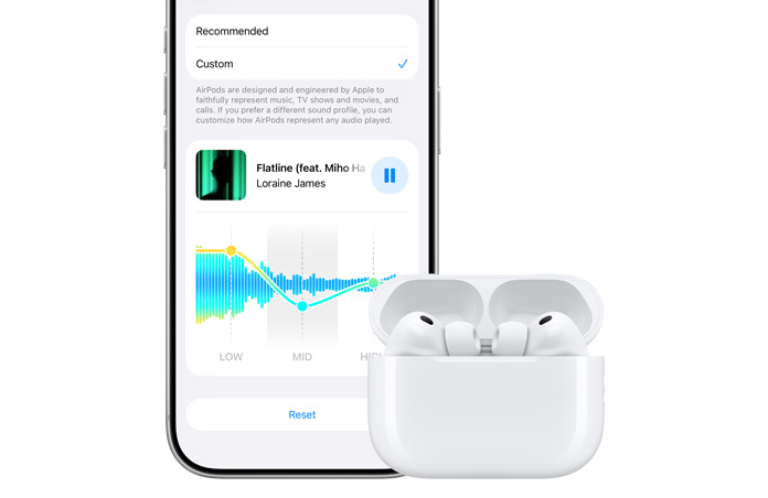 iPhone 17 Pro, color plata, parte frontal, opciones de rango bajo, medio y alto de sonido personalizado para los AirPods