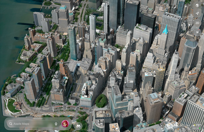 Mapas de Apple muestra una vista aérea detallada de una ciudad con edificios, calles y espacios verdes