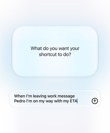 La pantalla muestra una consulta y la respuesta de Siri AI y un usuario sobre la intención del atajo, 