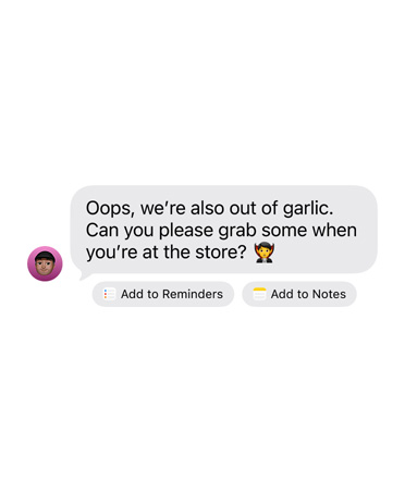 Un iMessage recibido con dos botones de acción sugeridos: agregar a Recordatorios y agregar a Notas