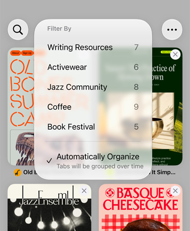 Navegador Safari en un iPhone, mostrando el menú de filtros con categorías como Recursos de Escritura, Ropa de Deportes, Comunidad de Jazz, Café y Festival del Libro, con la opción Organizar Automáticamente seleccionada