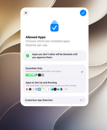 Apps del Asistente de Configuración con una selección de apps que los padres pueden elegir para sus hijos