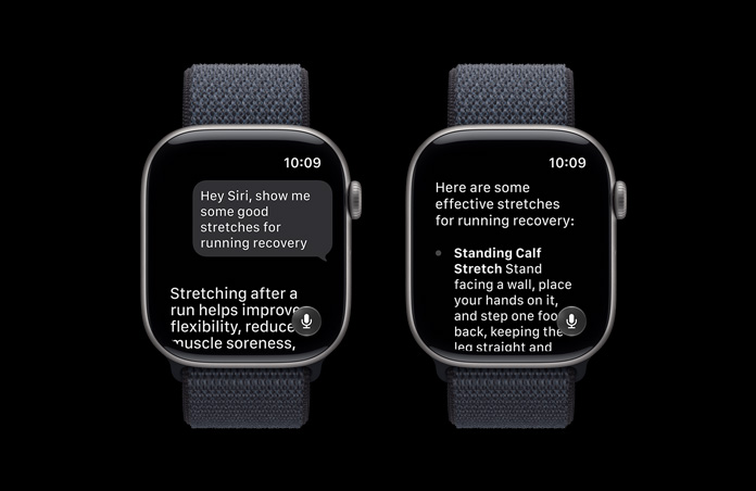 Apple Watch Series 11, gris, montrant une conversation avec Siri sur l’entraînement