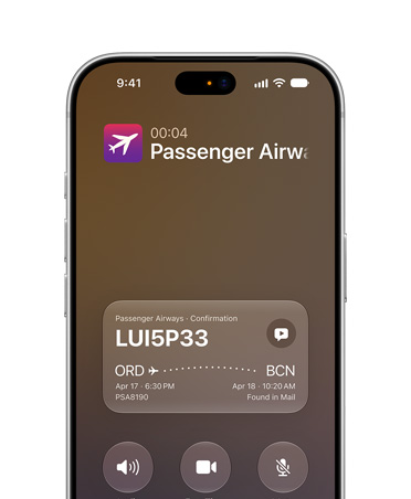 iPhone 18 Pro, Silver, screen displaying Call Context feature powered by Apple Intelligence and Siri AI. Front screen shows airline confirmation details while on a call.