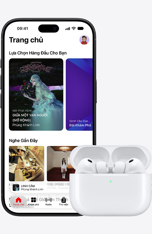 iPhone 18 Pro, front exterior, Apple Music homescreen displayed on screen, next to Airpods Pro 3 in open MagSafe Charging Case