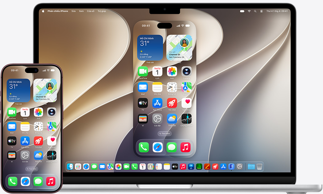 iPhone and MacBook models shown side by side showcasing mirror effect on MacBook, display shows generic wallpaper
